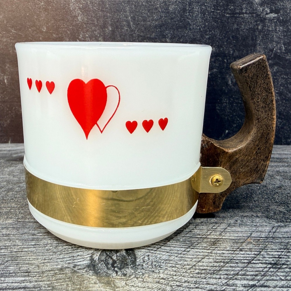 Siesta Ware Mug Queen of Hearts Milk Glass White 1960s Wood Look Handle Vintage